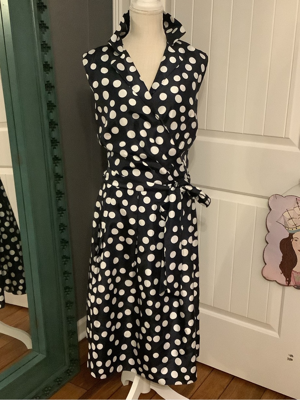 Jessica Howard Navy and White Polka Dot Sleeveless Wrap Midi Dress